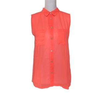 SoyaConcept Sheer Coral Sleeveless Button Down Collared Blouse Top Salmon